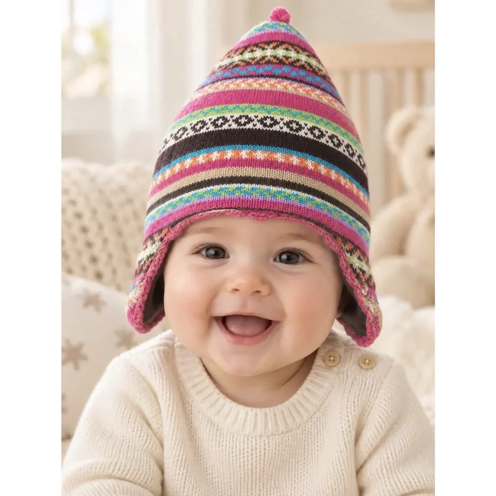Soft Baby Alpaca Reversible Chullo Beanie Pink Gray Unisex Colorful Boho Peru